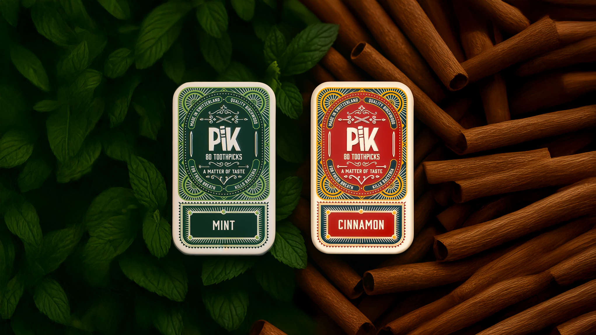 Pik Ice & Fire Duo – Swiss birchwood toothpicks infused with organic mint and cinnamon essential oils in a stylish tin