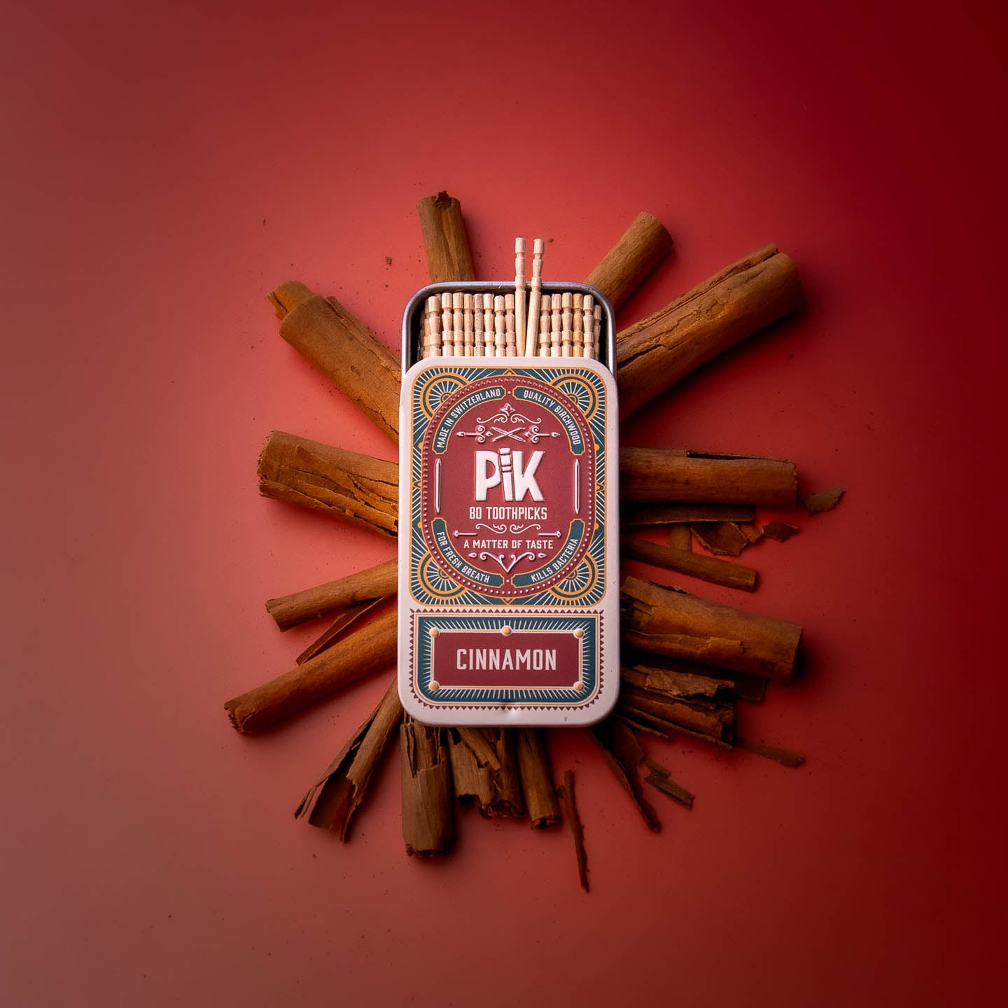 Pik Cinnamon Toothpicks – bold natural flavour on Swiss birchwood with organic essential oil, a spicy smoking alternative