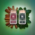 Image of Pik’s Ice & Fire duo featuring two open tins of flavored toothpicks: Cinnamon on a bed of cinnamon sticks and Mint on fresh mint leaves. Highlights the contrasting flavors, elegant packaging, and natural ingredients of this Swiss-made, vegan product.